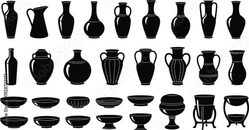 Antique pottery and ceramic vessels silhouettes collection, classic vases bowls and amphora shapes, ancient art illustration set, black vector icons isolated