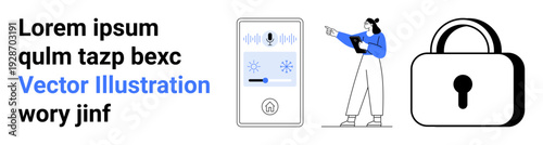 Mobile device with security features, user holding a tablet, large padlock representing data protection. Ideal for technology, privacy, authentication, cybersecurity, personal data, secure access