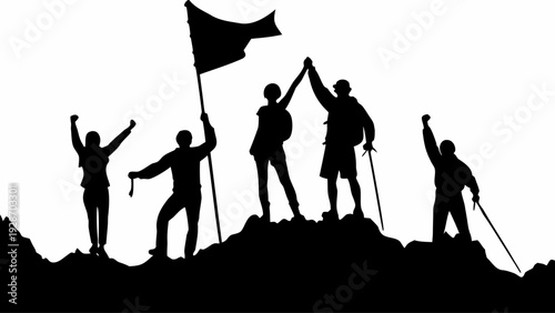 Victorious hikers celebrate reaching mountain summit with flag