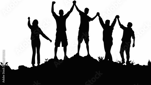 Friends celebrating success on mountain peak together