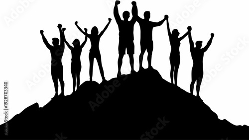 Diverse group of people celebrating success on mountain peak triumphantly
