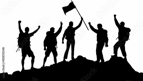 Triumphant hikers celebrating on mountain peak with flag