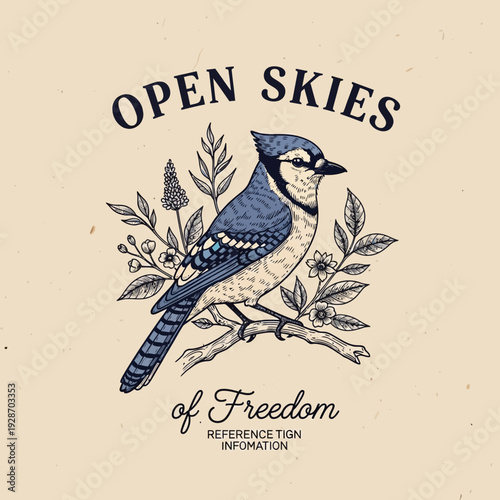 Blue Jay Perched on Branch with Botanical Elements Vintage Illustration.