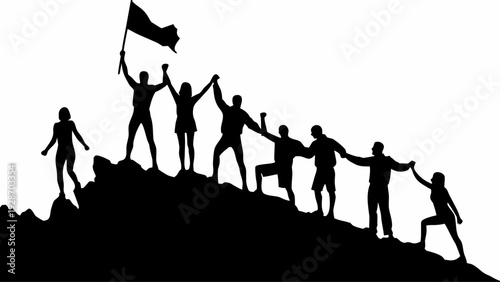 Team celebrating success on mountain peak together