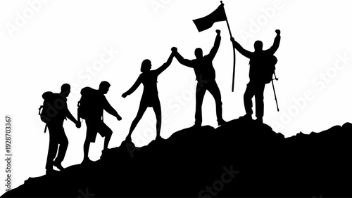 Team celebrating success on mountain peak with flag