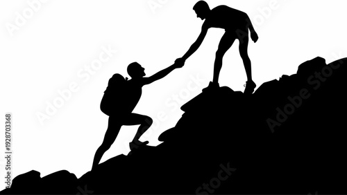 Silhouettes of two people helping each other climb a mountain