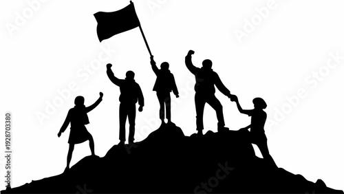 Team celebrating success on mountain peak with flag