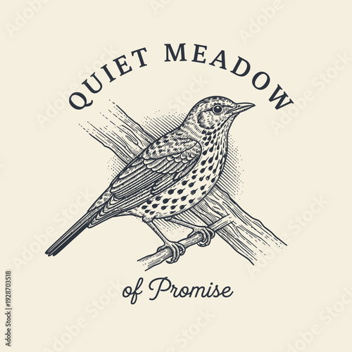 Vintage Engraving of a Songbird Perched on a Branch.