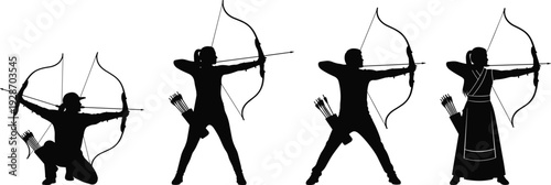 Archer silhouette set with bow and arrow action poses, isolated on white background, flat vector illustration for archery sport, medieval fantasy design