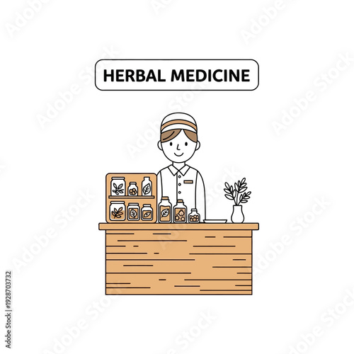 Herbal medicine shop with a smiling pharmacist and various herbal remedies on display.