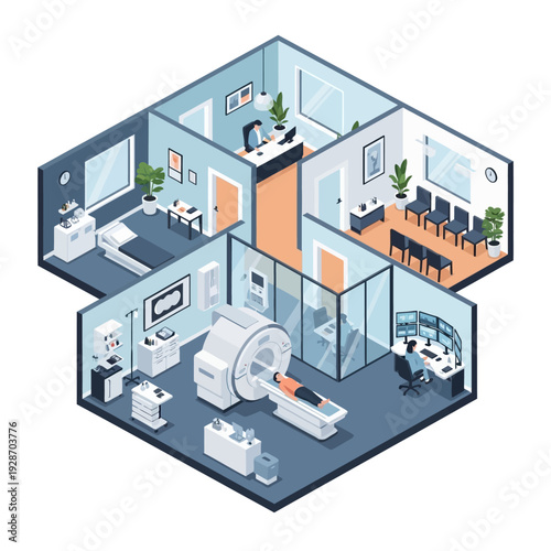 Isometric illustration of a modern medical facility with various rooms.