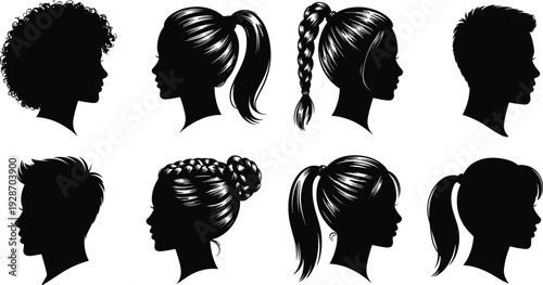 Set of Eight Female and Male Head Silhouettes with Various Hairstyles Isolated on White Background for Hair Salon Branding Beauty Barbershop and Fashion Design