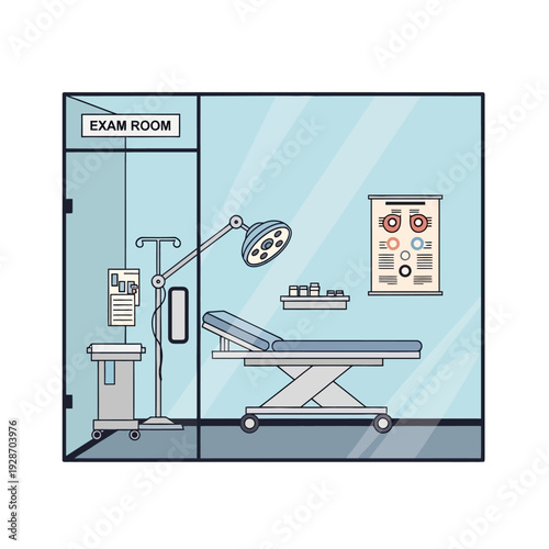 Medical examination room with equipment and anatomical chart on wall.
