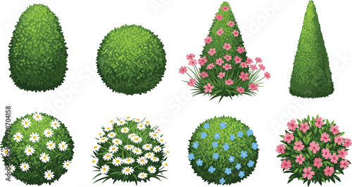 Set of Green Garden Bush Clipart and Flowering Shrub Vector Illustrations with Pink White and Blue Flowers Isolated on White Background for Landscape Design