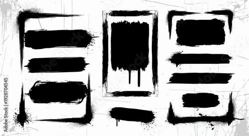 다양한 모양의 검은색 스프레이 페인트 브러시 스트로크, 그랜지 프레임 및 배너 세트가 흰색 배경에 추상적인 디자인 요소로 표현되어 있습니다.