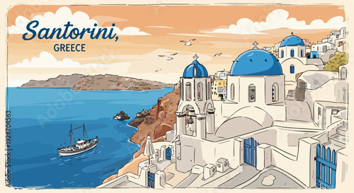 에게해를 배경으로 푸른 돔 지붕과 하얀 건물들이 조화롭게 펼쳐진 그리스 산토리니의 아름다운 해안 풍경을 담은 빈티지 일러스트 여행 포스터.