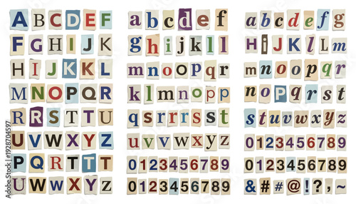 Collection of cut out newspaper letters numbers and punctuation symbols in various colors and fonts alphabet cutouts typography colorful vintage uppercase lowercase text characters
