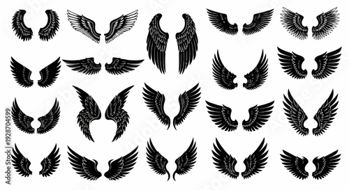 흰색 배경에 다양한 모양과 스타일로 표현된 검은색 날개 실루엣 일러스트레이션 세트는 비행, 자유, 환상적인 상징을 나타내는 그래픽 디자인 요소를 제공합니다.