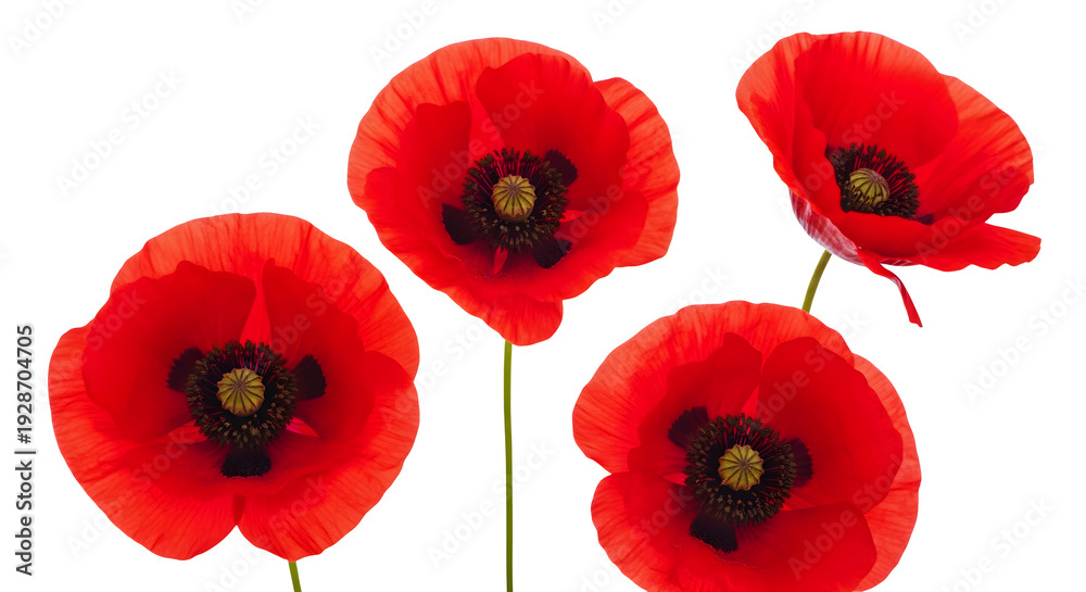 Obraz premium Four Vibrant Red Poppy Flowers Close Up Isolated Background Isolated on transparent background