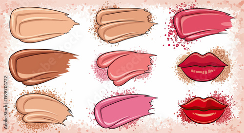 다양한 피부톤을 위한 파운데이션, 매혹적인 핑크 및 레드 립스틱 발색 샘플, 그리고 매력적인 빨간 입술이 함께 어우러진 아름다운 메이크업 컬렉션 벡터 일러스트레이션.