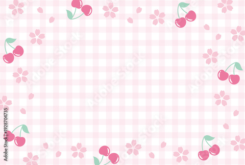 pink vector background with cherry blossoms and cherries on gingham plaid