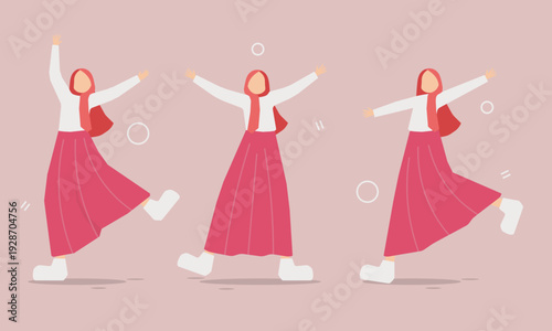 The illustration showcases three female characters in various joyful actions—leaping, dancing, and spreading their arms wide. These poses are carefully crafted to convey a sense of liberation, happine