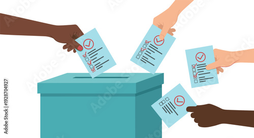 Diverse hands casting ballots into ballot box, election voting concept flat vector illustration isolated on white background