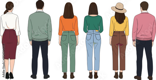 Diverse people back view illustration collection, men and women standing isolated on white background vector set