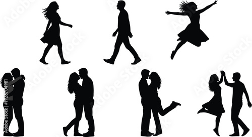 Romantic couple silhouettes walking, hugging, kissing and jumping, love relationship concept isolated on white background, black vector illustration set