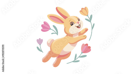 A charming cartoon illustration of a delightful bunny amidst blossoming flowers.