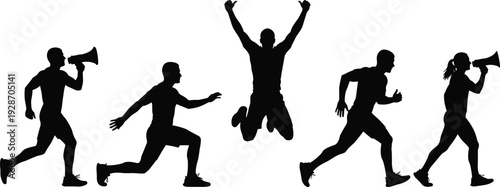 Silhouette of active people running and celebrating, fitness motivation concept with megaphone, isolated on white background illustration