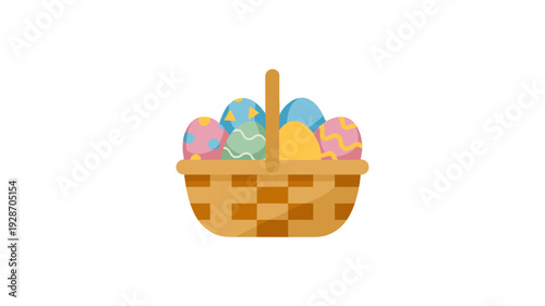 A colorful Easter basket filled with decorated eggs.