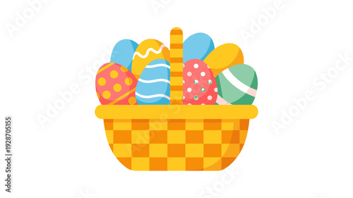 An Easter basket filled with colorful eggs and holiday decorations.