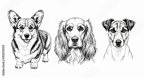 Ilustraciones monocromáticas de perros de raza Corgi, Cocker Spaniel y Jack Russell Terrier, dibujados a mano con detalle.