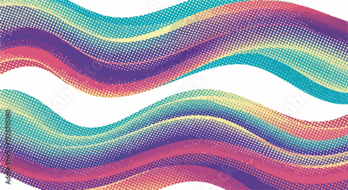 Diseño abstracto vibrante con ondas de colores en degradado y textura de semitono, ideal para fondos modernos y creativos.
