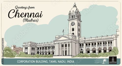 Ilustración vectorial vintage del histórico Edificio Corporación Ripon en Chennai, India, con un estilo de tarjeta postal.