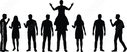 Silhouette of group supporting leader on shoulders, teamwork and leadership concept, diverse people isolated on white background illustration