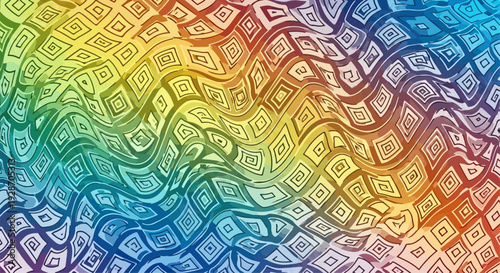 Fondo abstracto con patrón geométrico distorsionado de cuadrados concéntricos y vibrante gradiente de colores arcoíris, creando una ilusión óptica dinámica.