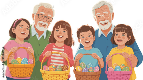 Happy family enjoying the Easter egg hunt tradition, with basket in hand.