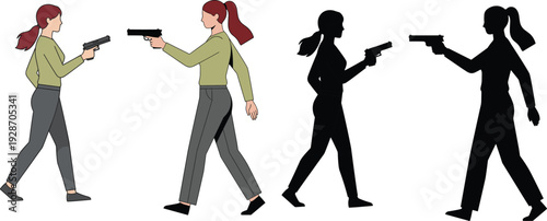 Woman holding handgun silhouette set, female character with pistol isolated on white background vector illustration collection
