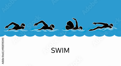 Ilustración vectorial de siluetas de nadadores en diferentes fases de la natación, mostrando movimiento y técnica en agua azul.