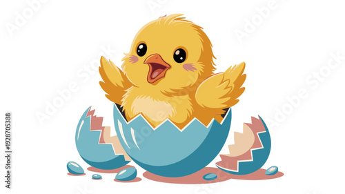 An adorable chick hatching from a blue egg, embodying new life.