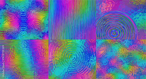 Colección de fondos abstractos vibrantes con patrones iridiscentes, ondas y líneas, ideal para diseño digital y proyectos creativos.