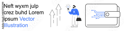 Financial growth, innovation, digital banking, fintech, entrepreneurship, creative ideas. Wallet with circuit lines, a businessman with a light bulb and growth arrows. Financial growth