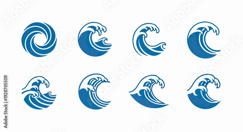 Conjunto de ocho iconos de olas marinas azules estilizadas, representando movimiento acuático y energía oceánica en diseño gráfico.
