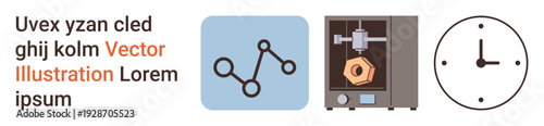 Technology, manufacturing, time management, innovation, productivity, research. Simplified molecule diagram, 3D printer creating a hexagon analog clock icon. Technology and manufacturing concepts