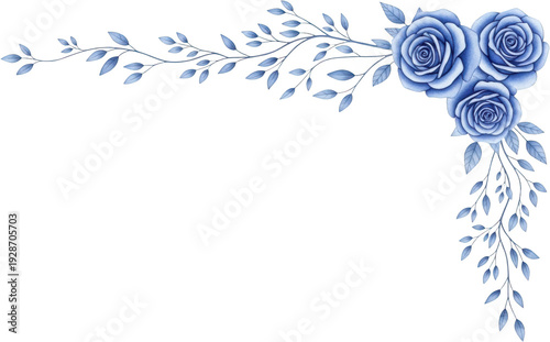 Elegant blue roses and delicate branches gracefully adorn the upper right corner creating a decorative floral flourish flower leaf nature plant botanical bloom petal beauty