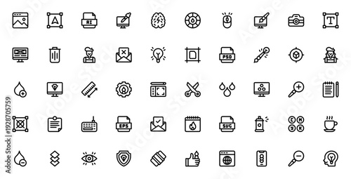 Graphic designer icon set. Vector illustration pack. Includes symbols for AI, PSD, CMYK, brain, idea, design tools, and more. Editable stroke.