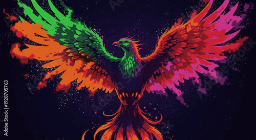 Vibrant phoenix bird spreads colorful wings in dark background with green orange and pink feathers