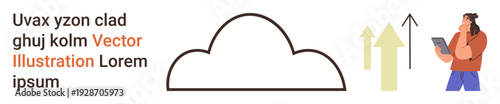 Data storage, cloud technology, business growth, analytics, modern communication, digital transformation. Cloud icon, upward arrows person with tablet. Cloud technology and business growth